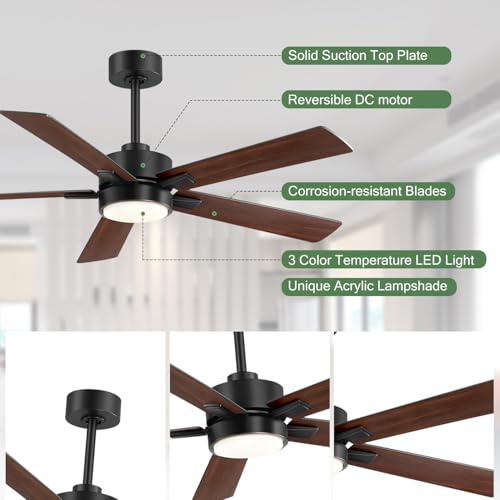 Ceiling Fans with LED Lights, 52 Inch 5-Blade Ceiling Fan Remote Control, Industrial Ceiling Fan with Reversible DC Motor, Downrod Mount LED Ceiling Light Chandelier for Bedroom (Black & Walnut) by Breezary - Used condition - Image 7