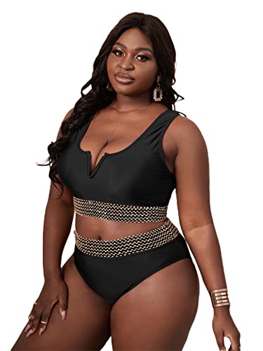 Shein Women's Plus Patchwork Swimsuit High Waisted V Neck Bikini Set Tankini Bathing Suit Black 3X-Large Plus #TOP3