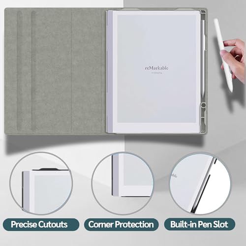 Image of 360 Case with Built-in Pen Holder for Remarkable 2 Paper Tablet- Multi-Viewing Adjustable Folding Book Folio Cover - Free Wallpapers & Installation Steps - Tablet Not Included (Grey)