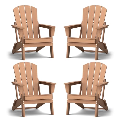 Image of Folding Adirondack Chair Set of 4, Lightweight-Portable HDPE Patio Chair, All-Weather Space-Saving Foldable Fire Pit Seating for Camping, Backyard, Deck-Cedar
