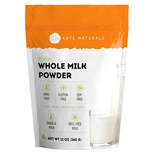 Whole Dry Milk Powder - Kate Naturals. Made In USA. Dried Powered Milk for Baking. RBST-Free. Great Substitute For Liquid Milk. Large Resealable Bag.1-Year Guarantee. (12oz)