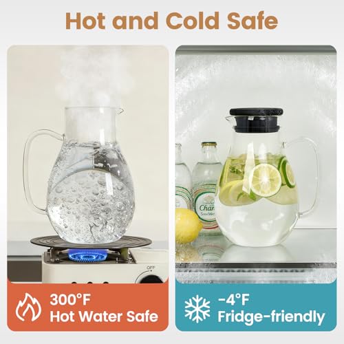 Image of 68oz Glass Pitcher with Lid - Borosilicate Jug for Hot /Cold Drinks, Leak-Proof Silicone Lid, Juice & Iced Tea Serveware for Family Kitchen, Small Fridge, and Daily Hydration (Round)