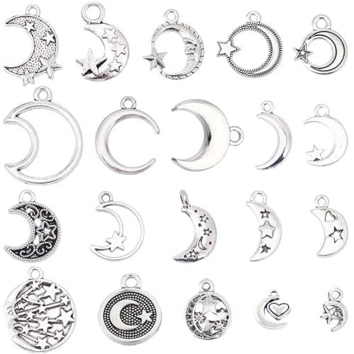 Image of BEAMARKER 100Pcs 20 Styles Moon Charms for Jewelry Making Antique Silver Alloy Moon Pendants Vintage Star Celestial Charms for Women men Necklace Bracelet Earring Keychain Making DIY Craft