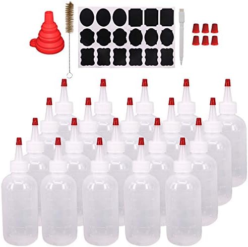Belinlen 20 Pack 6-Ounce Plastic Squeeze Bottles with 20pcs Red Tip Caps and Measurement - Good for Crafts, Art, Glue, Multi Purpose Set of 20 with Extra 6 Red Cap 36 Chalk Labels and 1 Pen