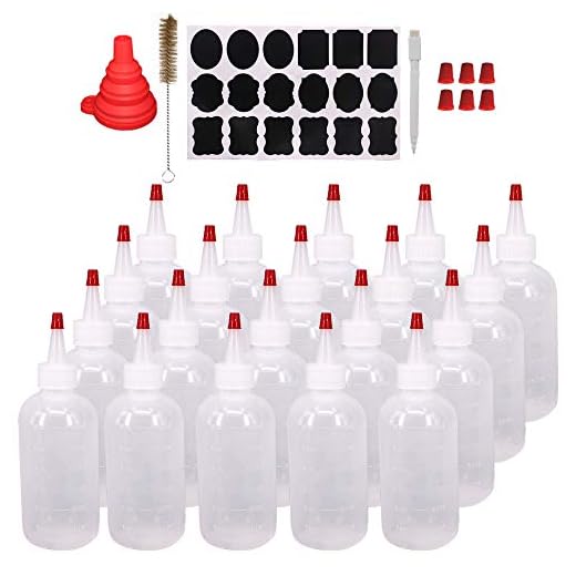 Belinlen 20 Pack 6-Ounce Plastic Squeeze Bottles with 20pcs Red Tip Caps and Measurement - Good for Crafts, Art, Glue, Multi Purpose Set of 20 with Extra 6 Red Cap 36 Chalk Labels and 1 Pen