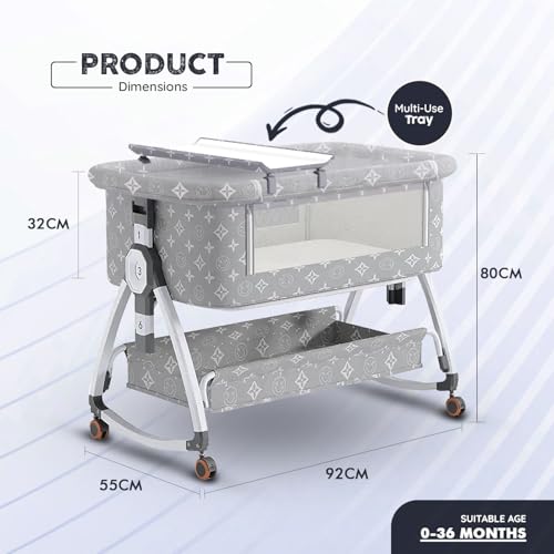 Image of Premium 6-in-1 Baby Bedside Cot, Crib, Cradle Portable All-Mesh Bassinet with Multi-Purpose Tray,Wheels, Storage Basket, and 6 Height Adjustments, Easy Assembly, Newborns-Pattern Grey | Breathable Cloth