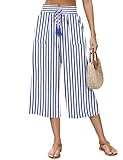 LOMON Womens Capri Pants Summer Vacation 2025 Fashion Outfits Clothes Loose High Waisted Wide Leg Lounge Pants Drawstring Baggy Flowy Casual Palazzo Trousers with Pockets Blue Striped Medium