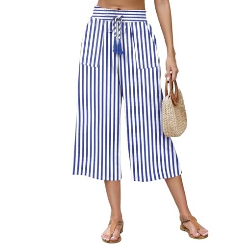 LOMON Women's Linen Capri Pants Wide Leg with Drawstring Elastic Waist Casual Cropped Pant