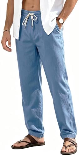 FizzPop Leinenhose Herren Lang Leichte Sommerhose Loose Fit Freizeithose mit Taschen Gummizug Kordelzug für Urlaub Strand Yoga