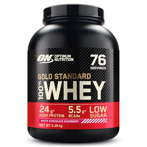 Optimum Nutrition Gold Standard Whey Protein Powder with Glutamine and Amino Acids Protein Shake - White Chocolate Raspberry, 73 Servings, 2.27 kg (Packaging May Vary)