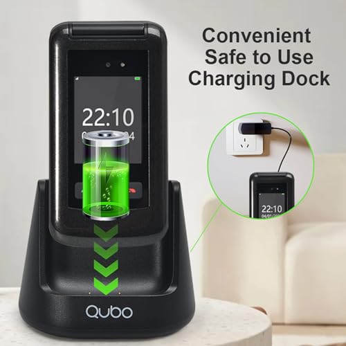 Qubo Flip Handy für Senioren GSM, Handy für Senioren, 2,4 Display, hohe Lautstärke, SOS-Funktion, Dual-SIM-Unterstützung, Schnellwahl, FM-Radio, Taschenlampe, Ladestation, Schwarz