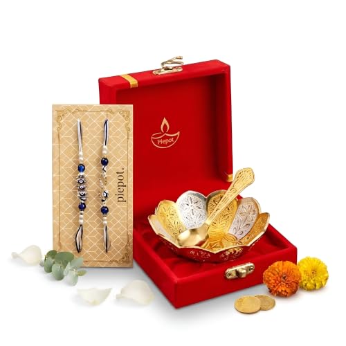 Image of Rakhi for Brother, Gift Set German Silver Gold Bowl and Spoon with Designer Rakhi, Premium Raksha Bandhan Gift Box, Combo Guft Festive Return Gift | Velvet Box