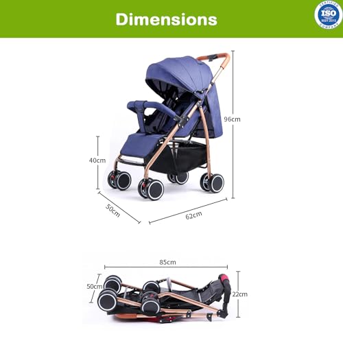 Image of Safe-O-Kid Rover Baby Stroller /Pram with 1 Year Warranty for 0 to 3 Years Travel Friendly with XL Canopy, 5 Point Safety Harness, One Hand Fold, Adjustable backrest, 360 Swivel Wheel - Blue