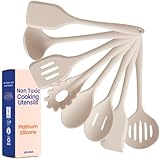 Non-Toxic Platinum Silicone Kitchen Utensil Set of 8 – Non-Scratch Cooking Spoons & Spatulas, 100% Plastic Free, Stainless Steel Core, Heat Resistant 500°F, Beige