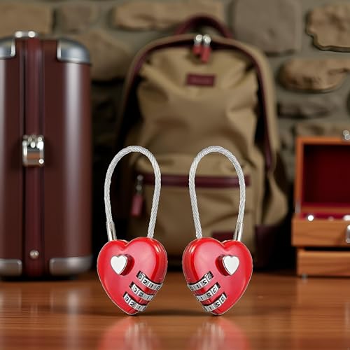Image of 2Pcs Red Mini Love Heart Lock,Heart Padlock,Mini Code Lock,Wire Rope 3-Digit Code Combination Padlock for Travel Bags Suitcase Lockers Backpacks Jewelry Boxes Combination Locks Padlocks and Hasps