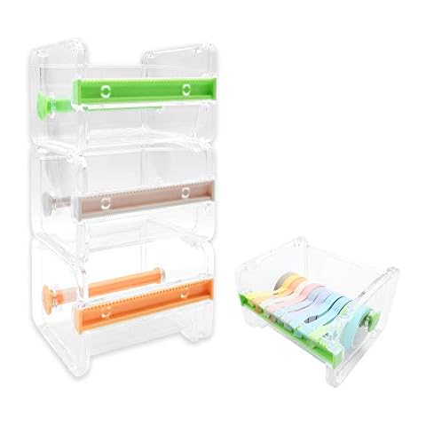3 Pack Transparent Visible Desktop Multi Washi Masking Tape Dispenser,Tape Cutter,Roll Tape Holder, Office Acrylic Tape Holder Dispenser for Desk (Beige/Green/Orange) Cover