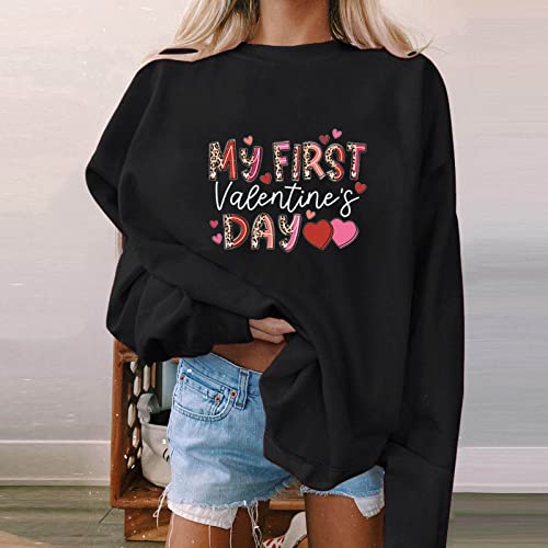 Miashui Casual Long Sleeve Women's Autumn And Winter Casual Hoodless Sweater Love Printing Pullover Loose Sweater For Lovers Black #TOP2