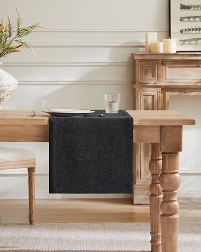 Image of ZeeMart Burlap Style Farmhouse Table Runners 90 Inches Long, Black Rustic Woven Dining Table Runner for Everyday Use, 14x90 Inches, Black
