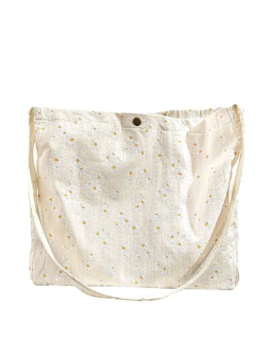 Image of Women's Floral Embroidered Tote Bag with Pocket flowers embroidery crossbody shoulder bag beach cute handbag canvas