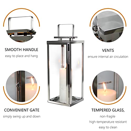Equrroy Set Of 3 Stainless Steel Decorative Candle Lanterns 25.7''&18.2''&11.8'' High Metal Candle Holder With Explosion-Proof Glass Home And Wedding Decoration (Silver) #TOP6