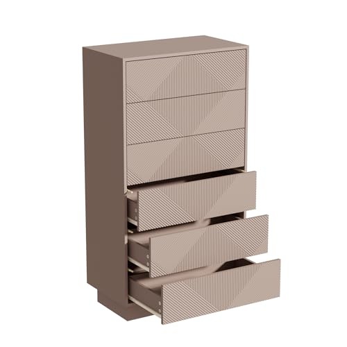 UEV Cassettiera a 6 Cassetti con Motivo a Rombi, Settiminio Spazioso per Archiviazione, Comò Stabile e Durevole per Soggiorno, Camera da letto, Corridoio, 60 x 33,5 x 111 cm, Beige Mocca