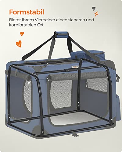 Feandrea Hundebox faltbar, Transportbox Hund, L, Hundetasche, Oxford-Gewebe, Netzstoff, atmungsaktiv tragbar transportabel, Metallrahmen, mit Griffen, Taschen, 70 x 52 x 52 cm, dunkelblau PDC70Z