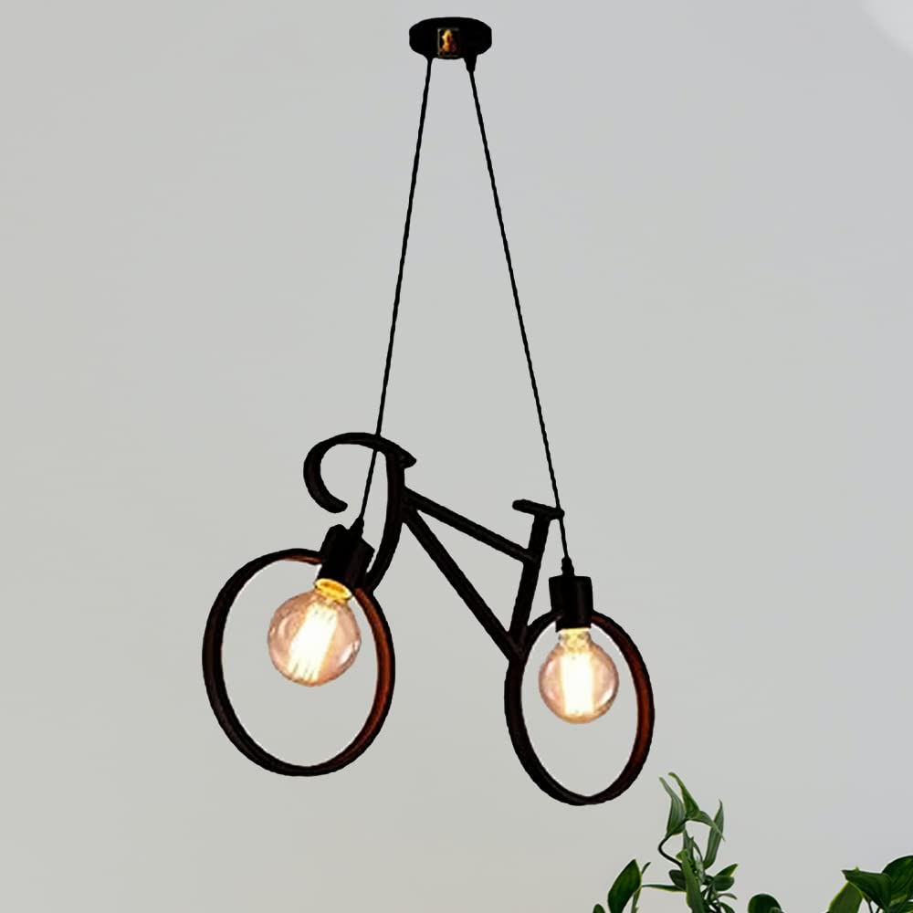 FLAMPIA Metal Antique Cycle Shape Hanging Ceiling Pendant Light for Home Décor Living Room - Black Bulb not Included-image-7