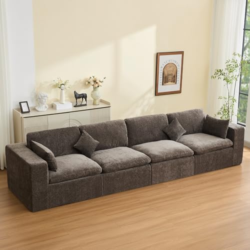 Image of 146''Cloud Boneless Sectional Couch, Modular Sectional Sofa Deep Seat, Oversized Upholstered Convertible Comfy 4 Seater Chenille Memory Foam Sofa Couches for Living Room, Brown