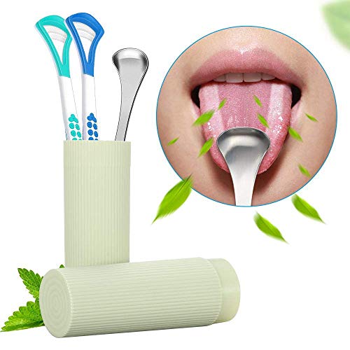 Tongue Scraper Cleaner - 3 Pack Tongue Cleaner, Plastic and Stainless Steel Tongue Scraper, Tongue Scraping Brush for Oral Care, Fresh Breath with Non-slip Grip Carry Case