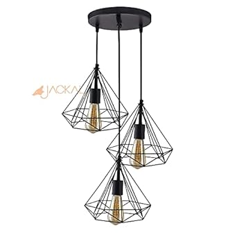 JACKAL 3 Set Diamond Cluster Pendant Light | Hanging Ceiling Light with Braided Cord | Decorative Fancy Lights for Home, Living Room, cafe, Restaurants & Bar (Black) (???? ???? ????)