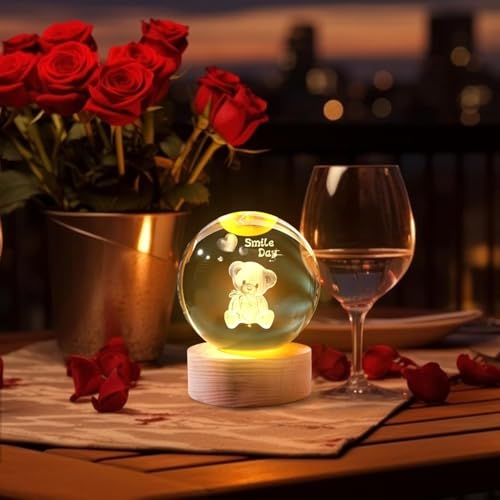 Image of Wishpitara 3D Teddy Crystal Ball LED Night Lamp, Cute Bear Engraved Night Light with Wooden Base, Warm White Lamp for Kids Room, Nursery Gift (Teddy)