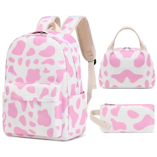 Sunborls Cute Cow Print Teen Girls Backpack with Lunch Bag Pencil Bag Set Back To School Gift Bookbag Casual Daypack Travel Laptop Backpack (Pink)