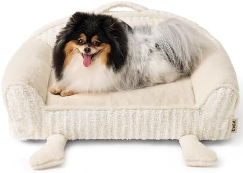 EHEYCIGA Washable Dog Beds for Medium Size Dogs 30 Inch - Striped Cat Couch for Indoor Cats with Removable Cover, Shredded Memory Foam Waterproof Puppy Bed with Non - Slip Bottom, Cream