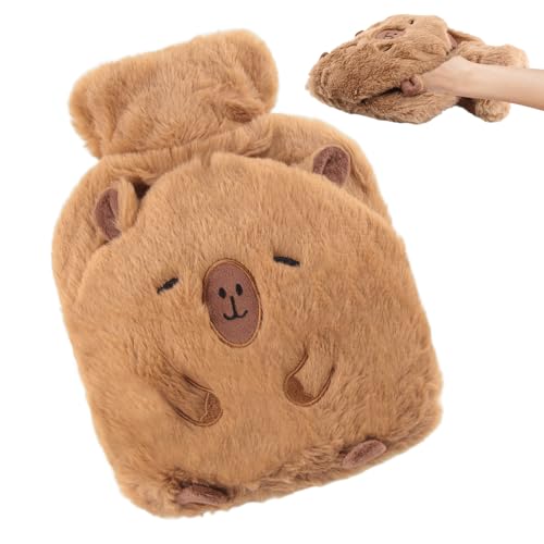 Waldspring Bolsa Agua Caliente Animal 1L, Bolsa de Agua Caliente Peluche Capibara Suave con Funda, Reutilizable y a Prueba de Fugas, para Niños & Adultos, Alivio del Dolor & Calor en Invierno