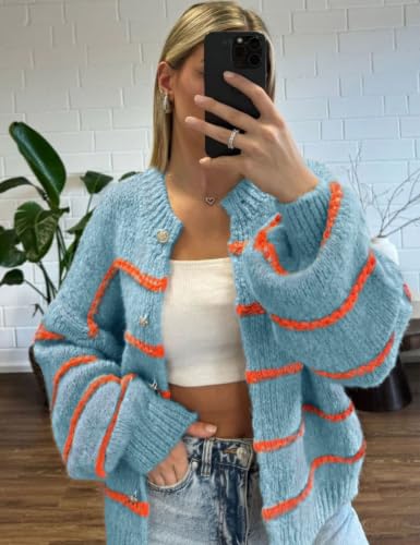 Image of QIBABU Womens Striped Cardigan Sweaters Casual Open Front Long Sleeve Button Down Knit Outwear