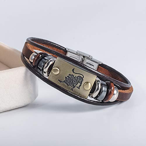 Image of Young & Forever Zodiac Sign Multi-Strand Genuine Leather Bracelet for Men & Boys - Adjustable Tribal Wristband with Antique Metal Charm