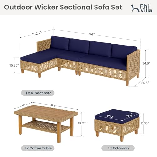 Image of PHI VILLA Wicker Patio Furniture Set, Rattan Patio Sectional Sofa Outdoor Couch Set with Acacia Wood Coffee Table, 7 Pieces U-Shaped Patio Conversation Set for Backyard Porch, Navy Blue Cushion
