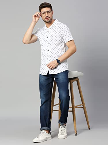 Image of HammerSmith Men's Printed Slim Fit Cotton Casual Shirt with Camp Collar and Short Sleeves