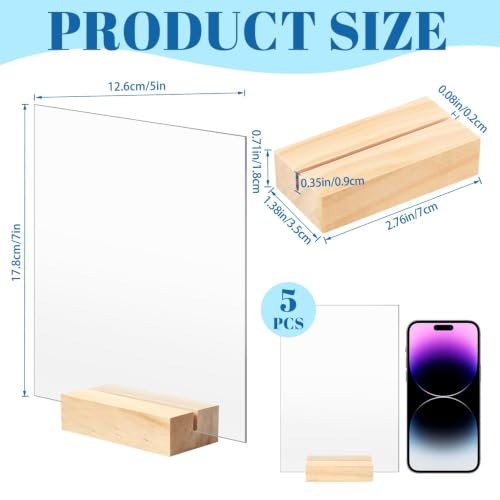 Image of Bercoor 5 Pack 5x7 Inch Blank Clear Acrylic Sign with Wooden Stands, Rectangle Top Acrylic Sheet, DIY Acrylic Rectangle Table Numbers for DIY Name Card Gifts Event Party Sign Decoration