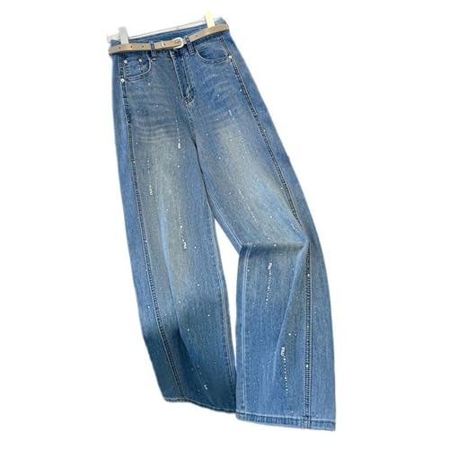 Rhinestone Jeans Men Sparkly Striped Jeans with Belt Shiny Vintage Straight Wide Leg Uncuffed Denim Pants