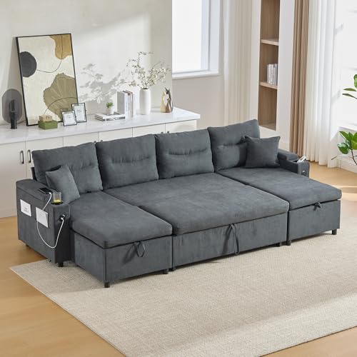 Sapgaks Canapé Convertible 4 Places avec Porte-gobelets,Ports USB,Rangement intégré,canapé d'angle Convertible en U avec méridiennes Double Face,canapé lit Moderne...