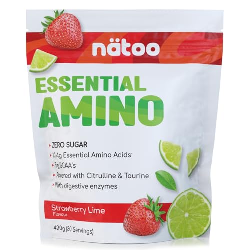 Nätoo Essential Amino Strawberry Lime - Aminoacidi Essenziali in Polvere con BCAA, Vitamina C, B6, B12, Glutammina, Bromelina, Taurina, Citrullina - Prestazioni, Recupero al Top - Eaa Senza Zucchero