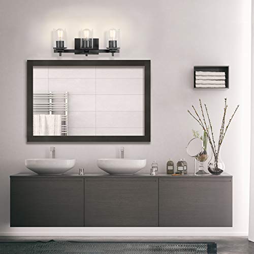 Image of Globe Electric 51634 Dakota 5-Piece All-in-One Bathroom Set 3 Vanity Light with Seeded Glass Shades, Bar, Toilet Paper Holder, Towel Ring, Robe Hook, Matte Black