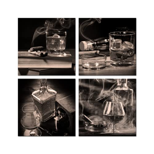Yeilnm 4 Piece Black And White Whisky Wall Art Retro Wine Painting Vintage Bottle Wine Glass Pictures Canvas Artwork For Kitchen Home Dining Room Bar Men Cave Decorations Framed Ready To Hang #TOP17