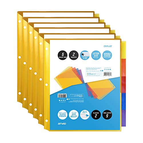 OS Plus 5-Tab Plastic Binder Dividers w/ 2 Pockets, Insertable Big Tabs, 6 Sets