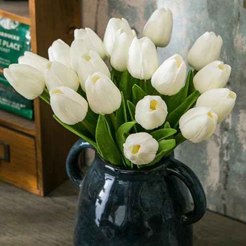 Tanvecle 20pcs White Artificial Tulip Flowers, Silk Fake Flowers 13" for Mother's Day, Easter, Valentine’s Day Gifts in Bulk, Home, Kitchen, Wedding Decorations
