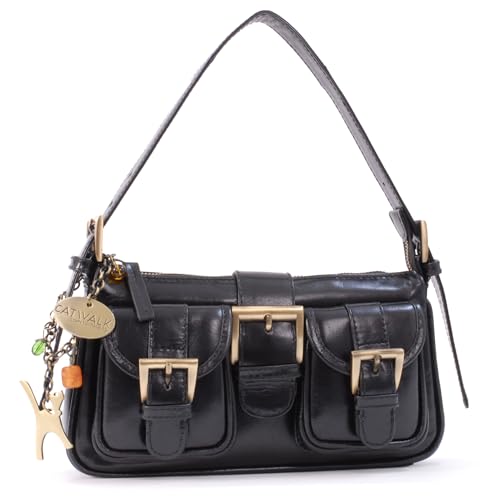 Catwalk Collection Handbags - Petit Sac Porté Épaule en Cuir Pour Femme - Sac à Main Avec Bandoulière Réglable - Sac Soiree - NATALIE - Noir