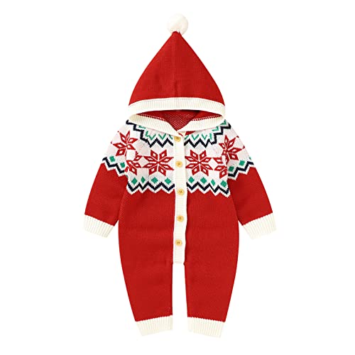 RNTOP Baby Knit Sweater Romper Christmas Outfit Newborn Girls Boys Long Sleeve Hooded Jumpsuit Fall (Red, 0-3 Months)