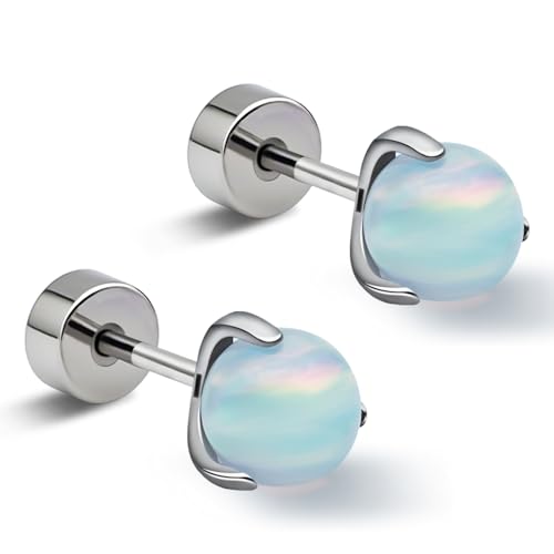 XUU Titanium Flat Back Opal Stud Earrings 20G Cartilage Earrings for Women with Screw back 4mm/5mm Ball Hypoallergenic Tragus Jewelry 5 Colors (1 Pair) (White 5mm)