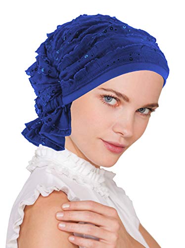 Abbey Cap Womens Chemo Hat Beanie Scarf Turban Headwear for Cancer Ruffle Royal Blue Sequin